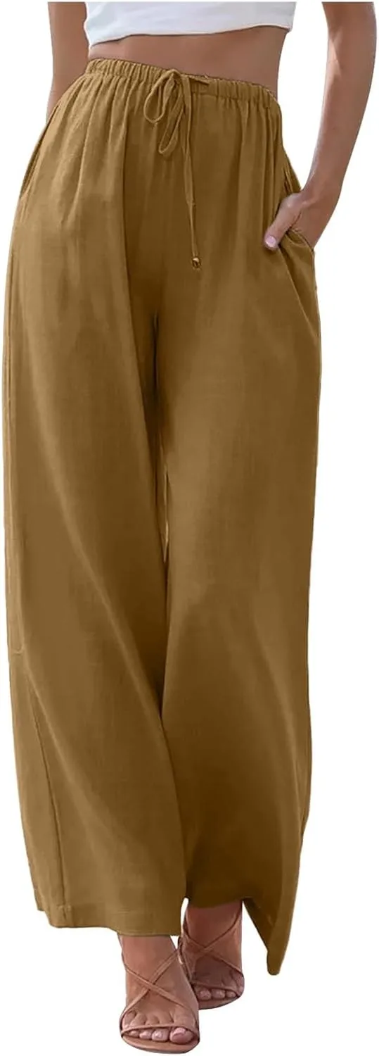PTOLOCIF Linen Pants Women Summer,Wide Leg Capri Palazzo Pants Cotton Linen Pants Elastic Waist Casual Comfy Lounge Pants