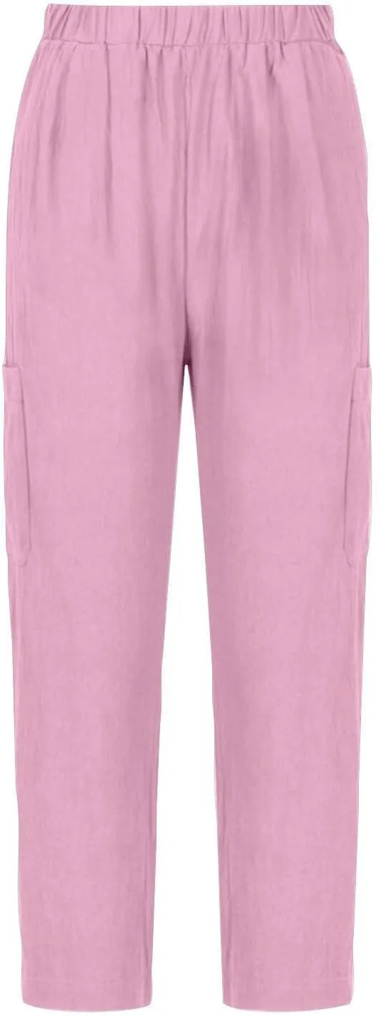 PTOLOCIF Petite Linen Pants for Women Baggy Wide Leg Trousers Casual Patchwark Elastic Waist Harem Linen Pants with Pcokets