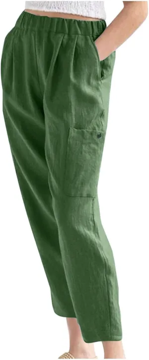 PTOLOCIF Petite Linen Pants for Women Baggy Wide Leg Trousers Casual Patchwark Elastic Waist Harem Linen Pants with Pcokets