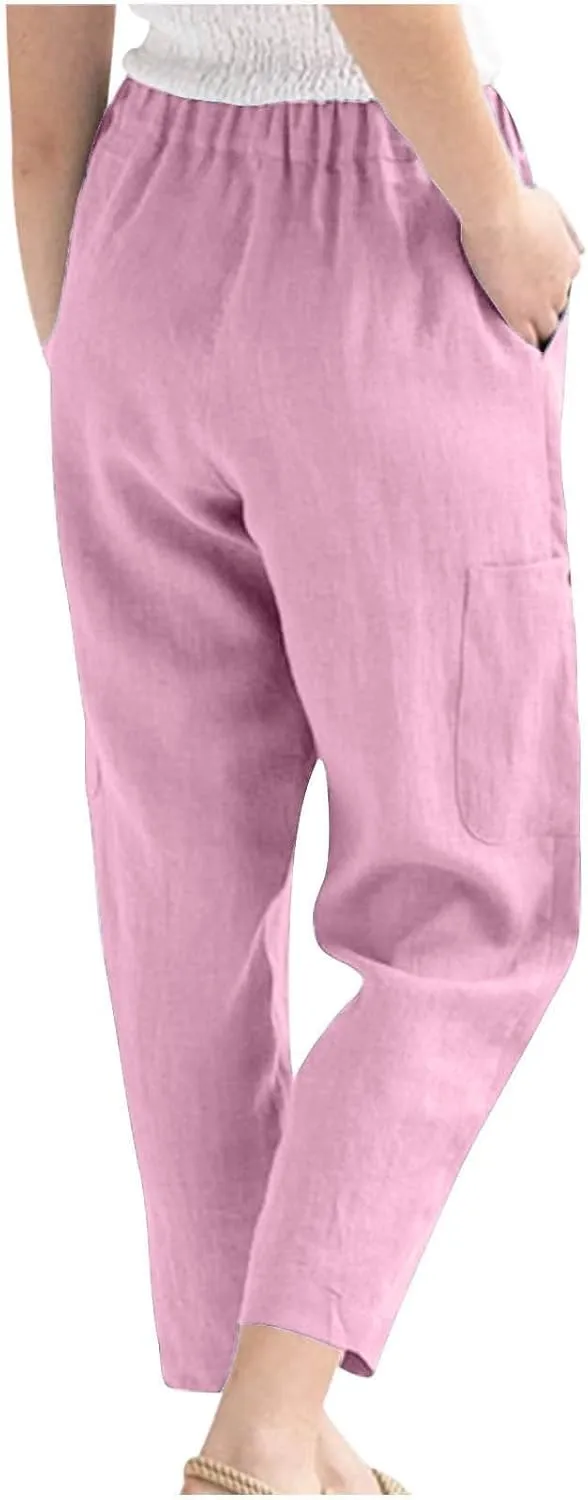 PTOLOCIF Petite Linen Pants for Women Baggy Wide Leg Trousers Casual Patchwark Elastic Waist Harem Linen Pants with Pcokets