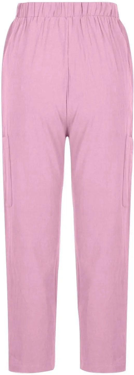 PTOLOCIF Petite Linen Pants for Women Baggy Wide Leg Trousers Casual Patchwark Elastic Waist Harem Linen Pants with Pcokets