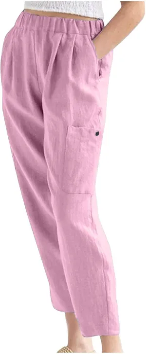PTOLOCIF Petite Linen Pants for Women Baggy Wide Leg Trousers Casual Patchwark Elastic Waist Harem Linen Pants with Pcokets