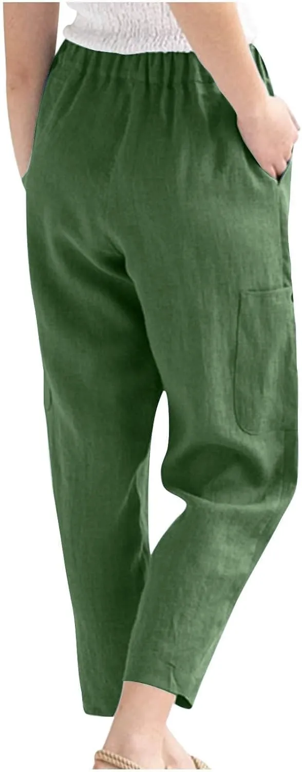 PTOLOCIF Petite Linen Pants for Women Baggy Wide Leg Trousers Casual Patchwark Elastic Waist Harem Linen Pants with Pcokets