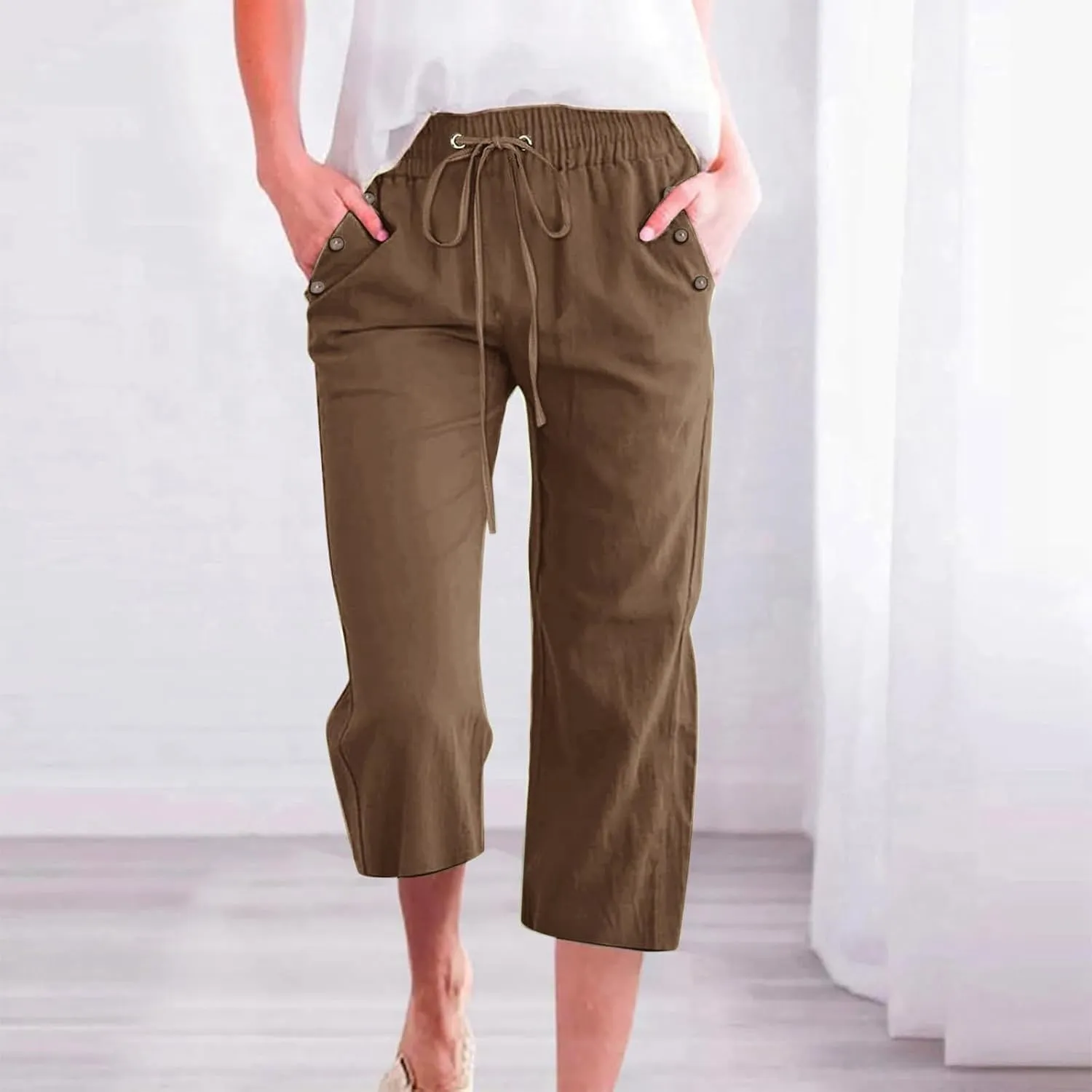 PTOLOCIF Petite Linen Pants for Women Elastic Waist Wide Leg Palazzo Pants Summer Drawstring Casual Loose Yoga Trousers