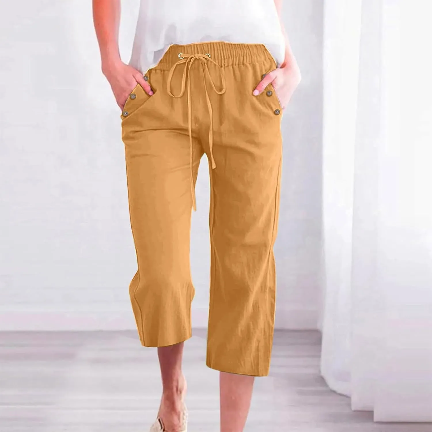 PTOLOCIF Petite Linen Pants for Women Elastic Waist Wide Leg Palazzo Pants Summer Drawstring Casual Loose Yoga Trousers