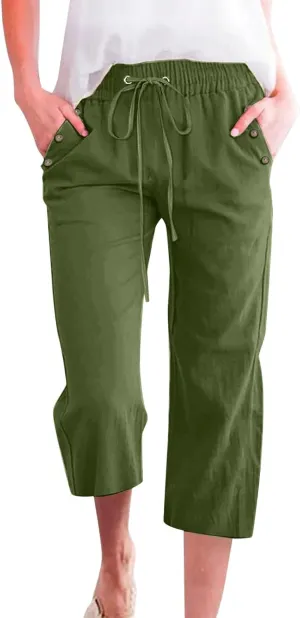 PTOLOCIF Petite Linen Pants for Women Elastic Waist Wide Leg Palazzo Pants Summer Drawstring Casual Loose Yoga Trousers