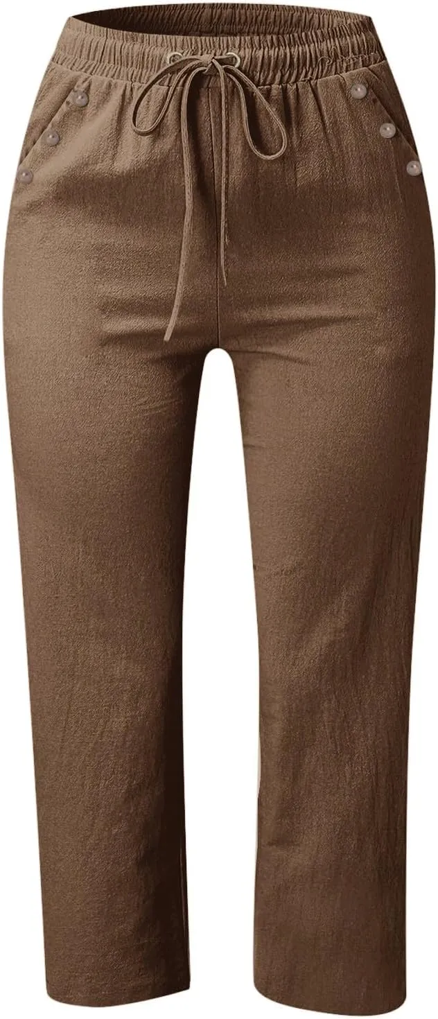 PTOLOCIF Petite Linen Pants for Women Elastic Waist Wide Leg Palazzo Pants Summer Drawstring Casual Loose Yoga Trousers