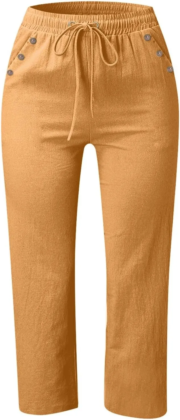 PTOLOCIF Petite Linen Pants for Women Elastic Waist Wide Leg Palazzo Pants Summer Drawstring Casual Loose Yoga Trousers