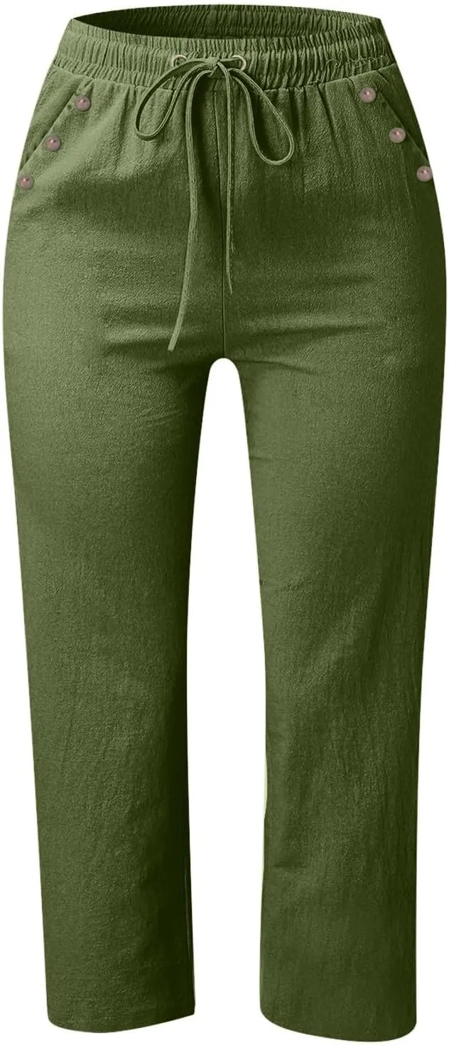 PTOLOCIF Petite Linen Pants for Women Elastic Waist Wide Leg Palazzo Pants Summer Drawstring Casual Loose Yoga Trousers