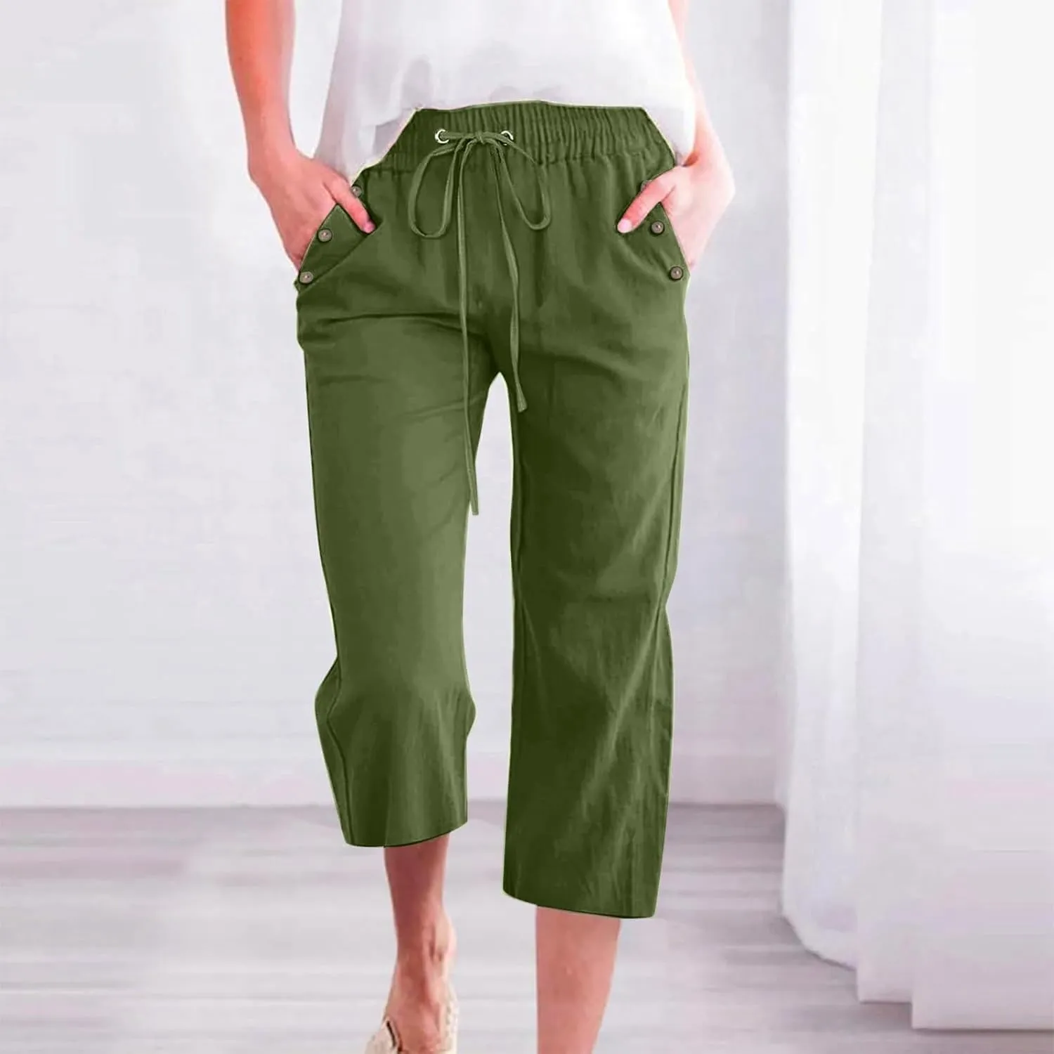 PTOLOCIF Petite Linen Pants for Women Elastic Waist Wide Leg Palazzo Pants Summer Drawstring Casual Loose Yoga Trousers