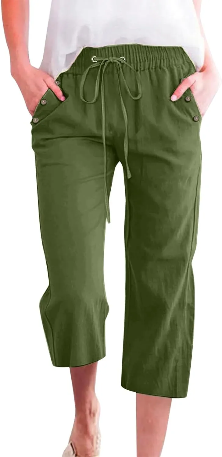 PTOLOCIF Petite Linen Pants for Women Elastic Waist Wide Leg Palazzo Pants Summer Drawstring Casual Loose Yoga Trousers