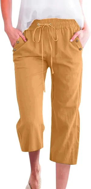 PTOLOCIF Petite Linen Pants for Women Elastic Waist Wide Leg Palazzo Pants Summer Drawstring Casual Loose Yoga Trousers