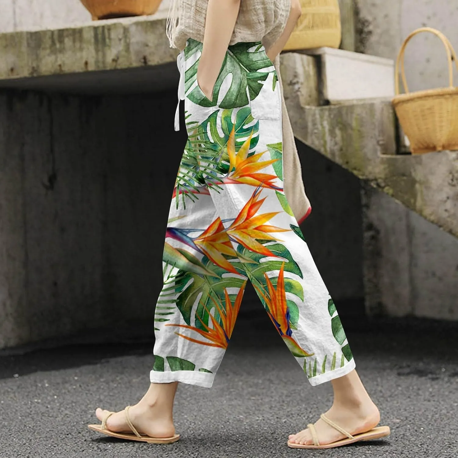 PTOLOCIF Petite Linen Pants for Women High Waisted Wide Leg Palazzo Pant Drawstring Casual Loose Pants Trousers with Pockets