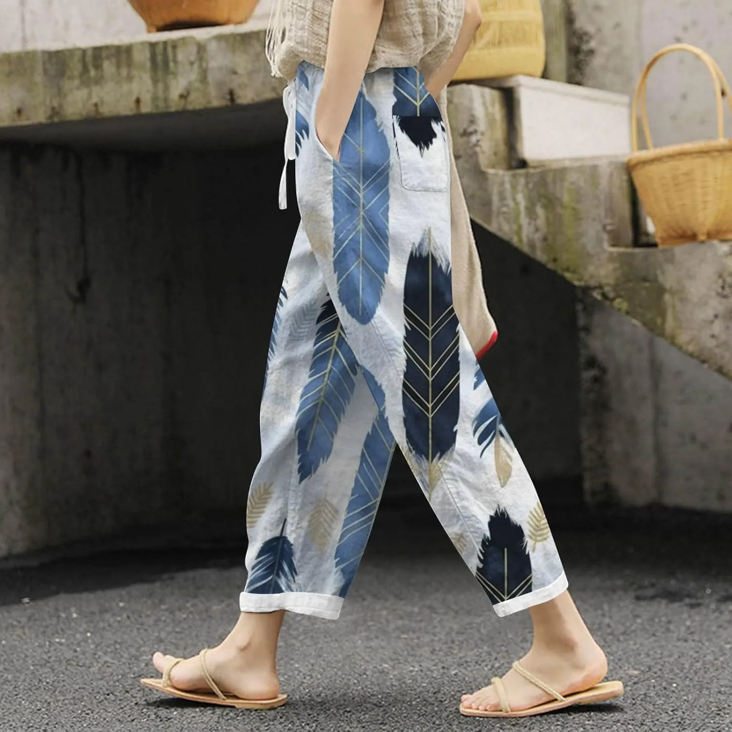PTOLOCIF Petite Linen Pants for Women High Waisted Wide Leg Palazzo Pant Drawstring Casual Loose Pants Trousers with Pockets