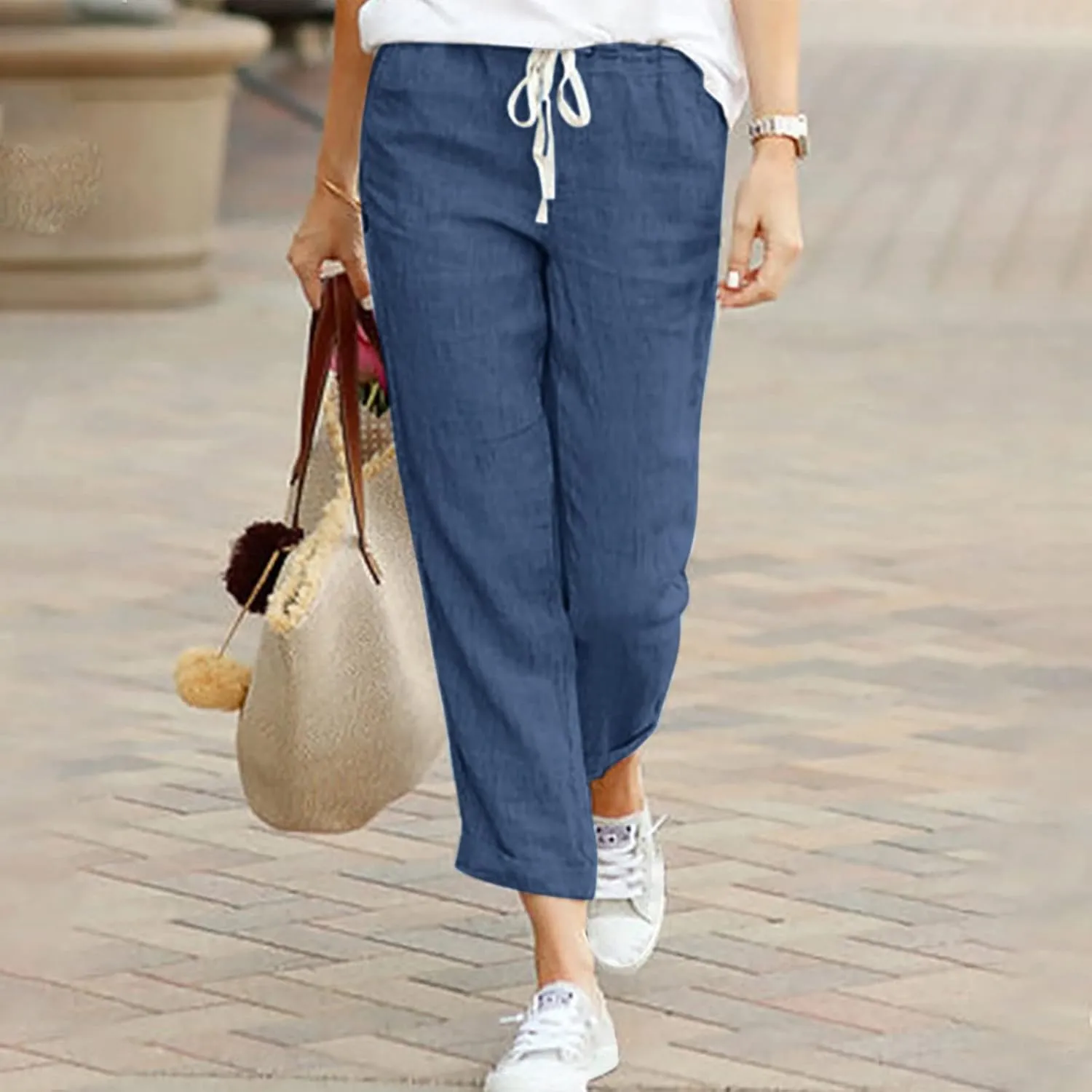 PTOLOCIF Petite Linen Pants for Women Summer Palazzo Pants Flowy Wide Leg Beach Trouser Trendy Boho Pants with Pockets