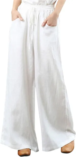 PTOLOCIF Womens Casual Cotton Linen Pants Elastic Waist Wide Leg Palazzo Pants Summer Drawstring Casual Loose Yoga Trousers