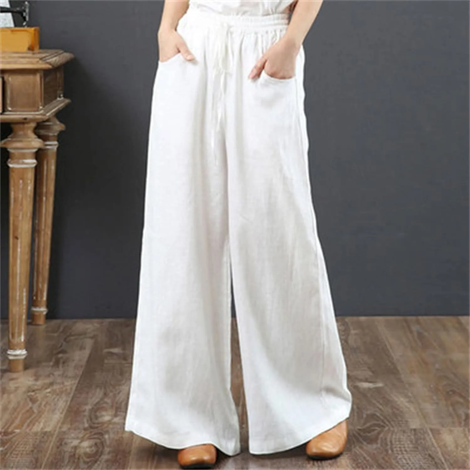 PTOLOCIF Womens Casual Cotton Linen Pants Elastic Waist Wide Leg Palazzo Pants Summer Drawstring Casual Loose Yoga Trousers