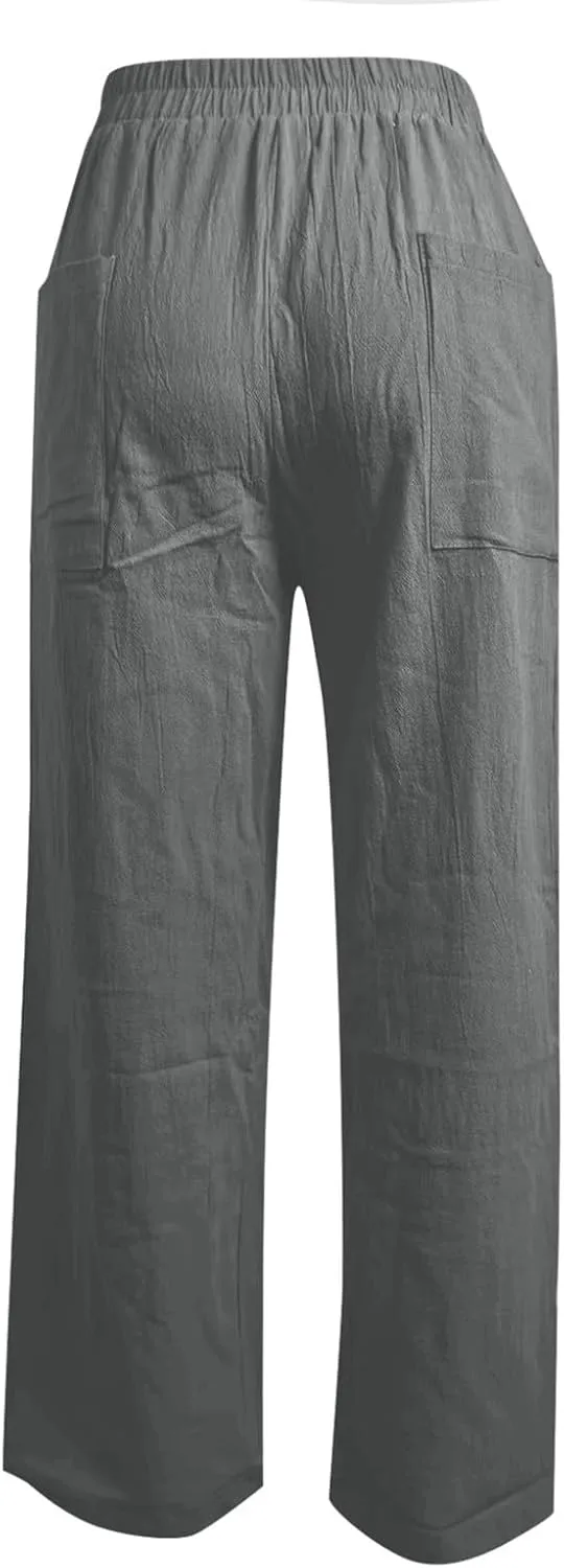 PTOLOCIF Womens Casual Cotton Linen Pants High Waist Drawstring Pants with Cotton Loose Casual Boho Trouser with Pockets