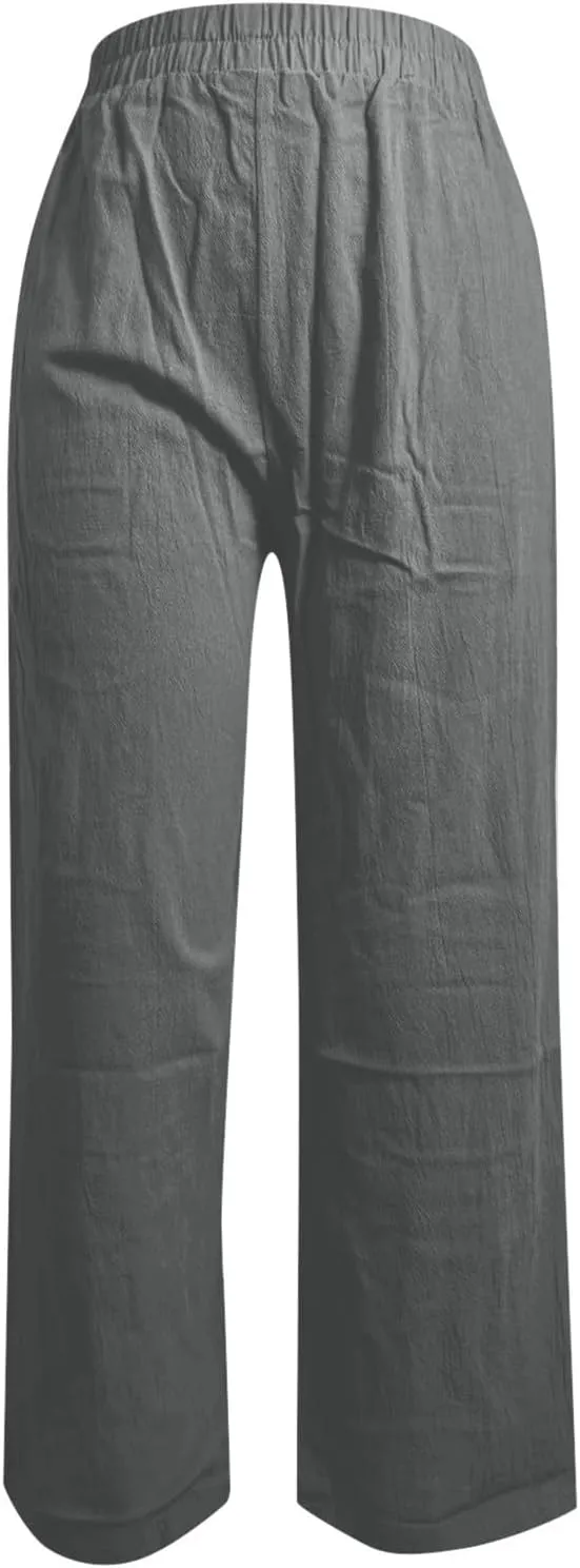 PTOLOCIF Womens Casual Cotton Linen Pants High Waist Drawstring Pants with Cotton Loose Casual Boho Trouser with Pockets