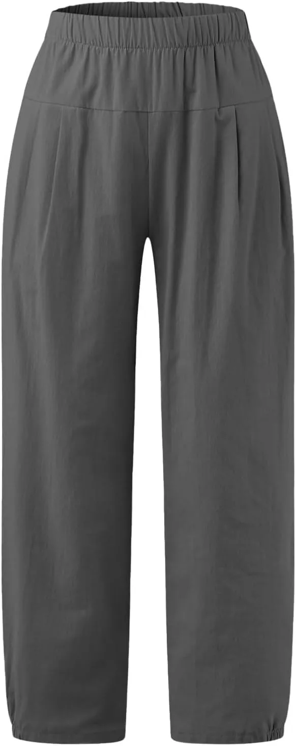 PTOLOCIF Womens Casual Linen Pants Lightweight Cropped Wide Leg Pants Elastic Waist Casual Palazzo Trousers with Pockets