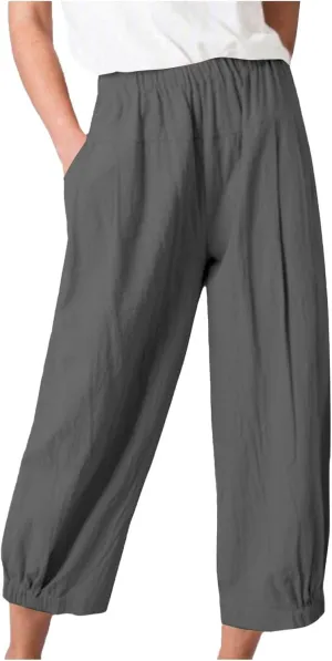 PTOLOCIF Womens Casual Linen Pants Lightweight Cropped Wide Leg Pants Elastic Waist Casual Palazzo Trousers with Pockets