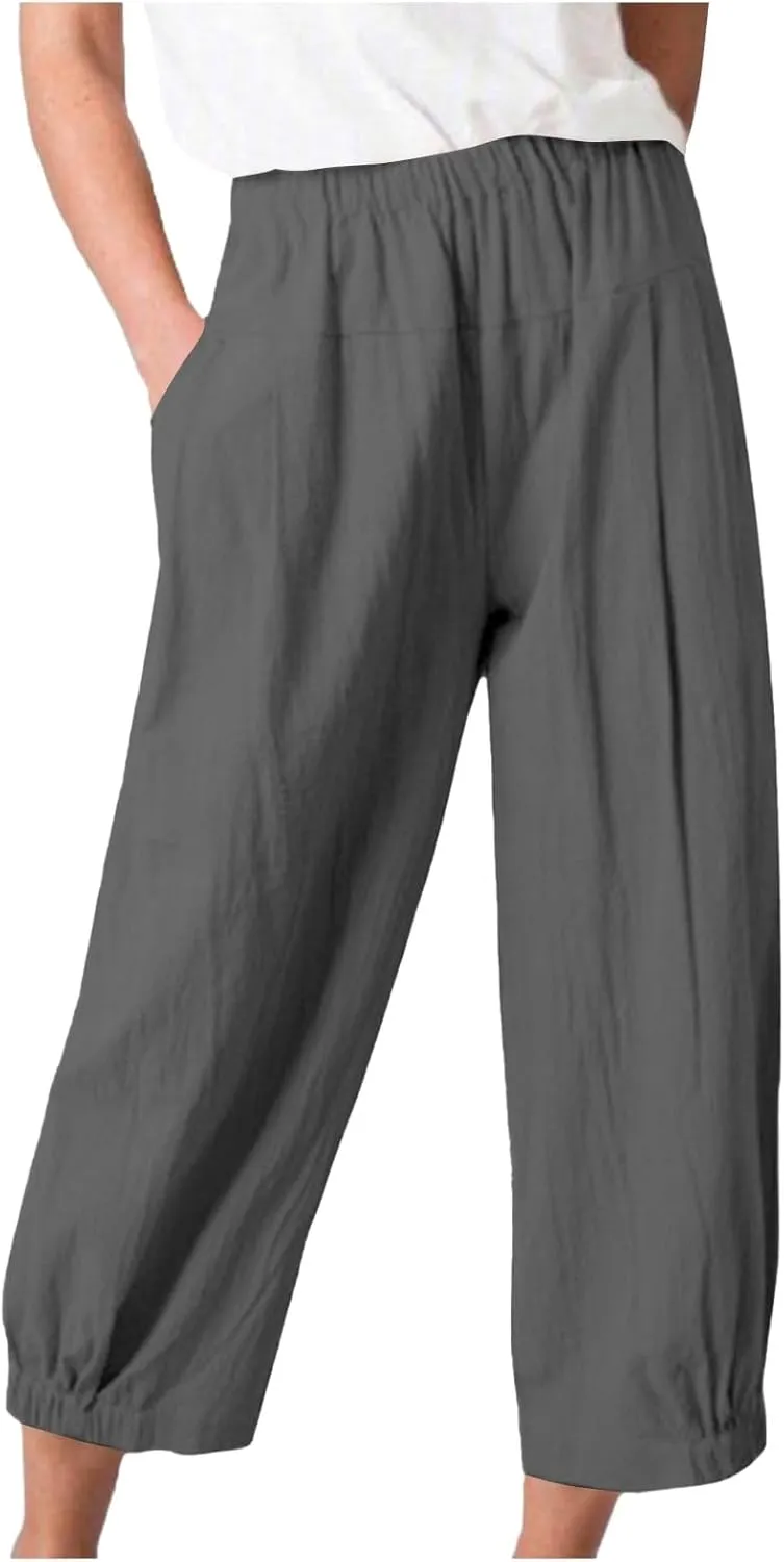 PTOLOCIF Womens Casual Linen Pants Lightweight Cropped Wide Leg Pants Elastic Waist Casual Palazzo Trousers with Pockets