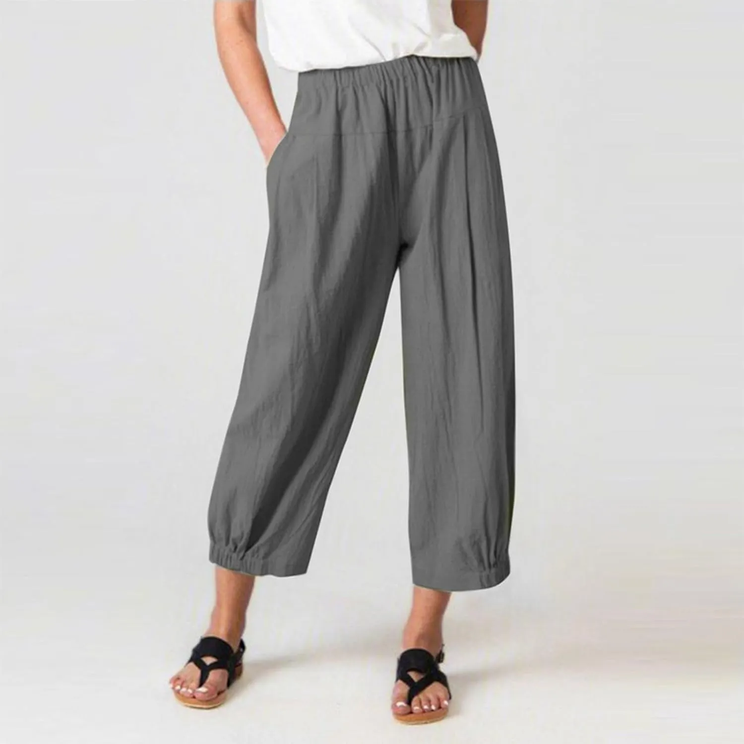 PTOLOCIF Womens Casual Linen Pants Lightweight Cropped Wide Leg Pants Elastic Waist Casual Palazzo Trousers with Pockets