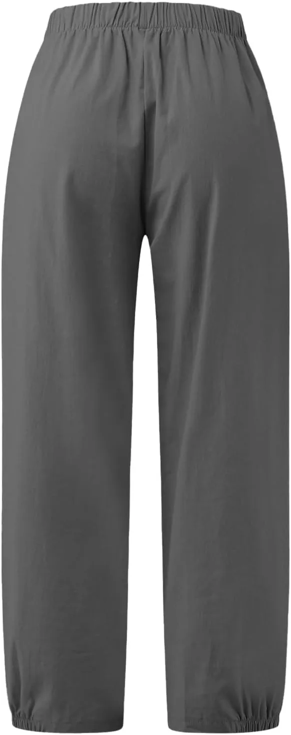 PTOLOCIF Womens Casual Linen Pants Lightweight Cropped Wide Leg Pants Elastic Waist Casual Palazzo Trousers with Pockets