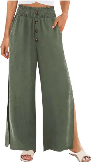 PTOLOCIF Womens Casual Linen Pants Straight Leg Dress Pants High Waist Cotton Linen Pant Flowy Wide Leg Summer Boho Trousers