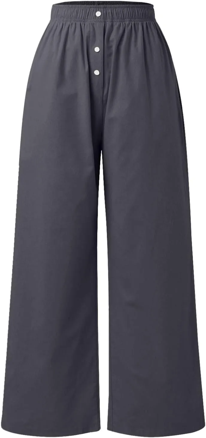 PTOLOCIF Womens Casual Linen Pants Straight Leg Dress Pants High Waist Cotton Linen Pant Flowy Wide Leg Summer Boho Trousers