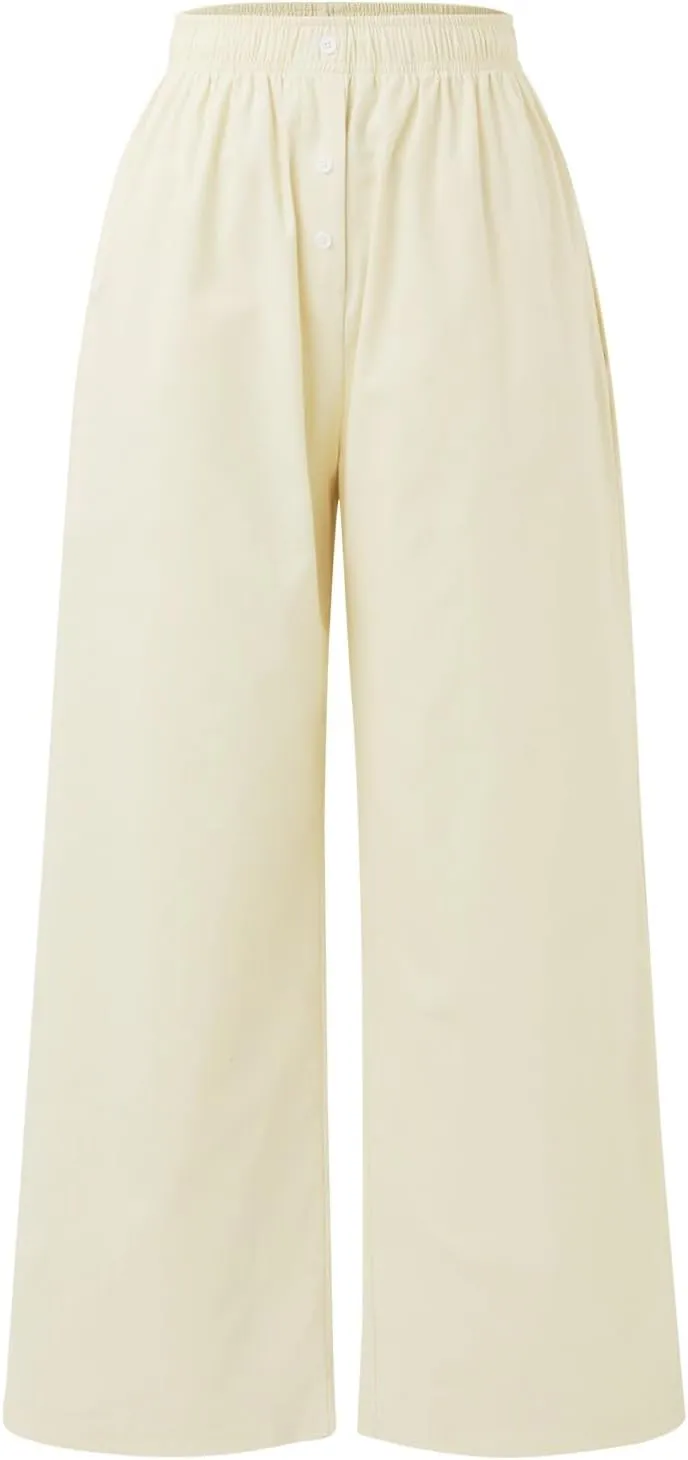 PTOLOCIF Womens Casual Linen Pants Straight Leg Dress Pants High Waist Cotton Linen Pant Flowy Wide Leg Summer Boho Trousers