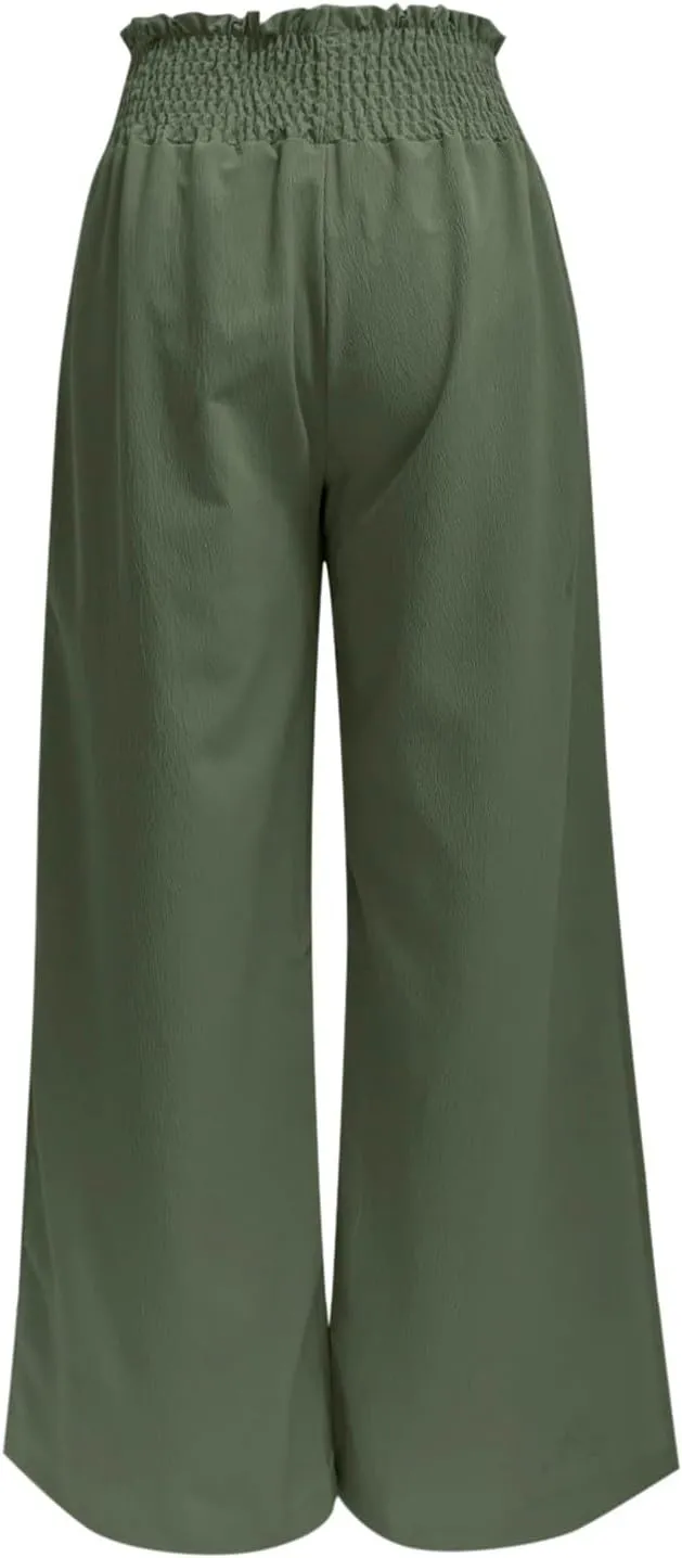 PTOLOCIF Womens Casual Linen Pants Straight Leg Dress Pants High Waist Cotton Linen Pant Flowy Wide Leg Summer Boho Trousers