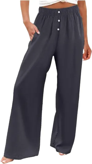 PTOLOCIF Womens Casual Linen Pants Straight Leg Dress Pants High Waist Cotton Linen Pant Flowy Wide Leg Summer Boho Trousers