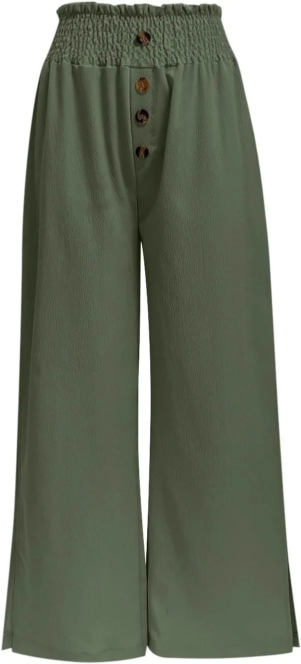 PTOLOCIF Womens Casual Linen Pants Straight Leg Dress Pants High Waist Cotton Linen Pant Flowy Wide Leg Summer Boho Trousers