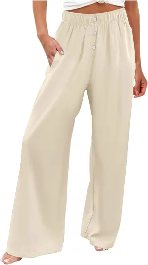 PTOLOCIF Womens Casual Linen Pants Straight Leg Dress Pants High Waist Cotton Linen Pant Flowy Wide Leg Summer Boho Trousers