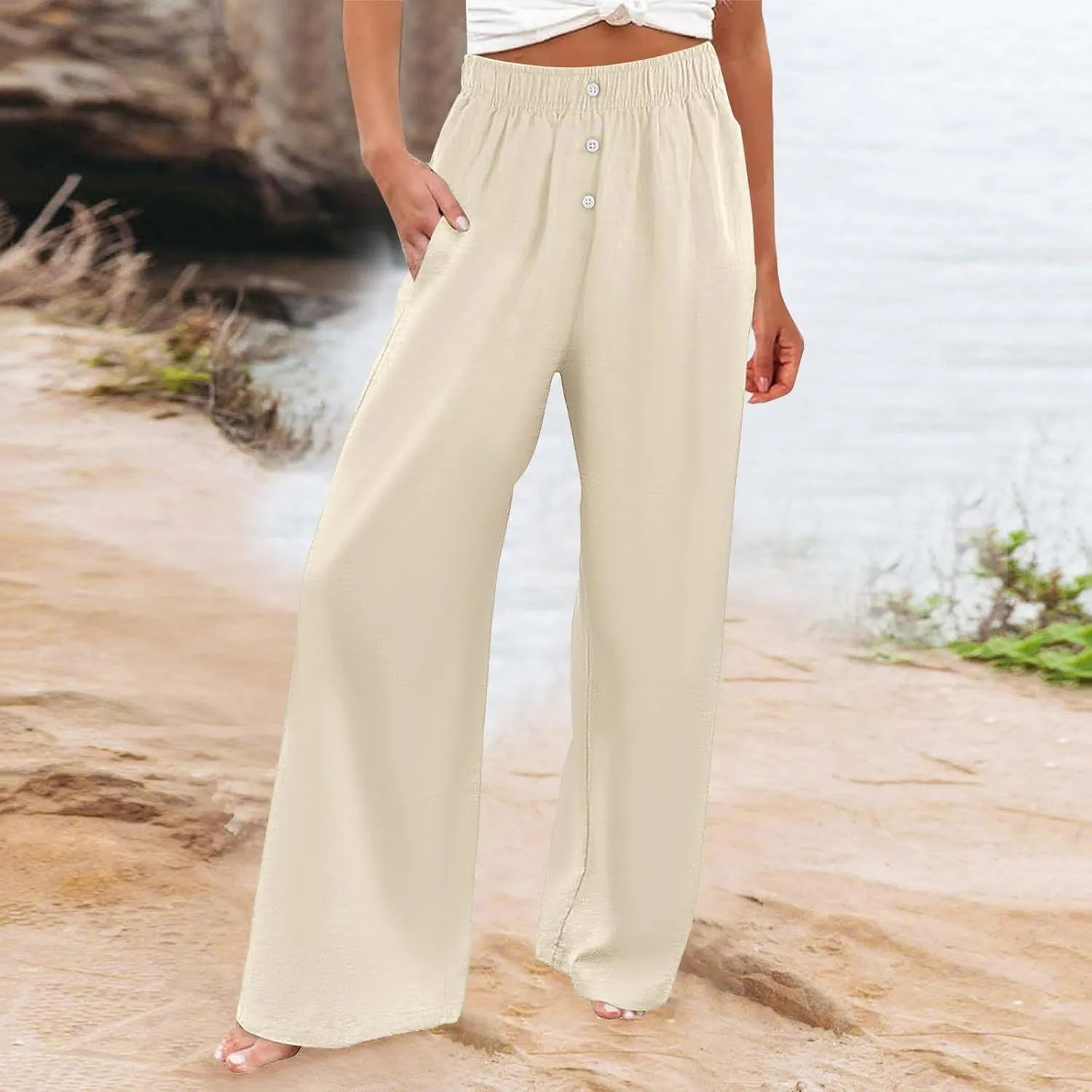 PTOLOCIF Womens Casual Linen Pants Straight Leg Dress Pants High Waist Cotton Linen Pant Flowy Wide Leg Summer Boho Trousers