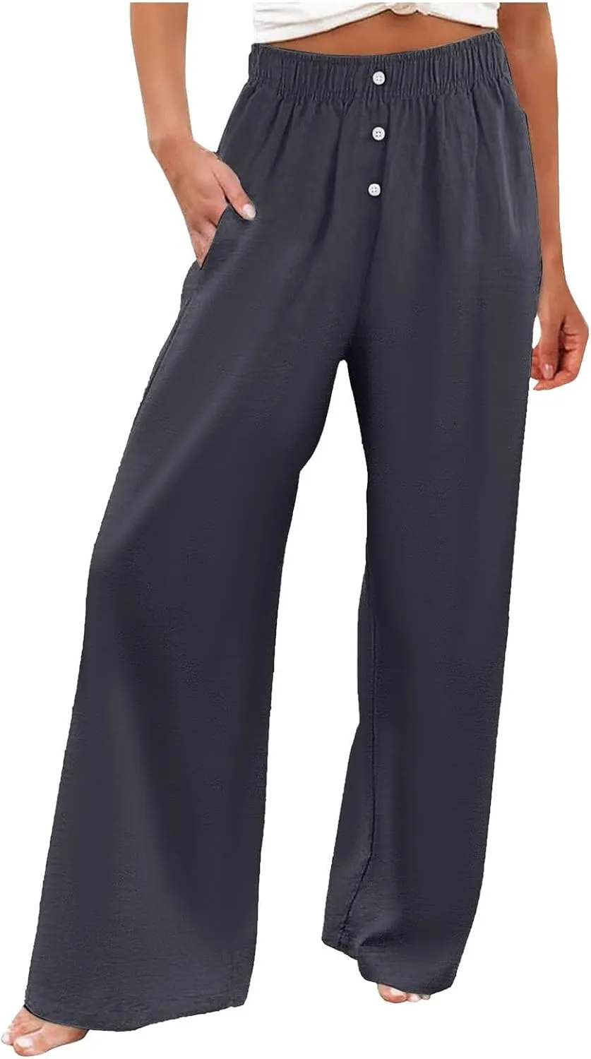 PTOLOCIF Womens Casual Linen Pants Straight Leg Dress Pants High Waist Cotton Linen Pant Flowy Wide Leg Summer Boho Trousers