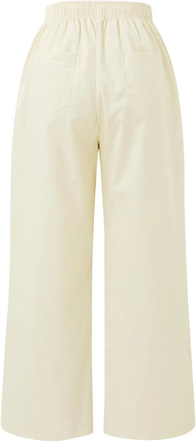 PTOLOCIF Womens Casual Linen Pants Straight Leg Dress Pants High Waist Cotton Linen Pant Flowy Wide Leg Summer Boho Trousers