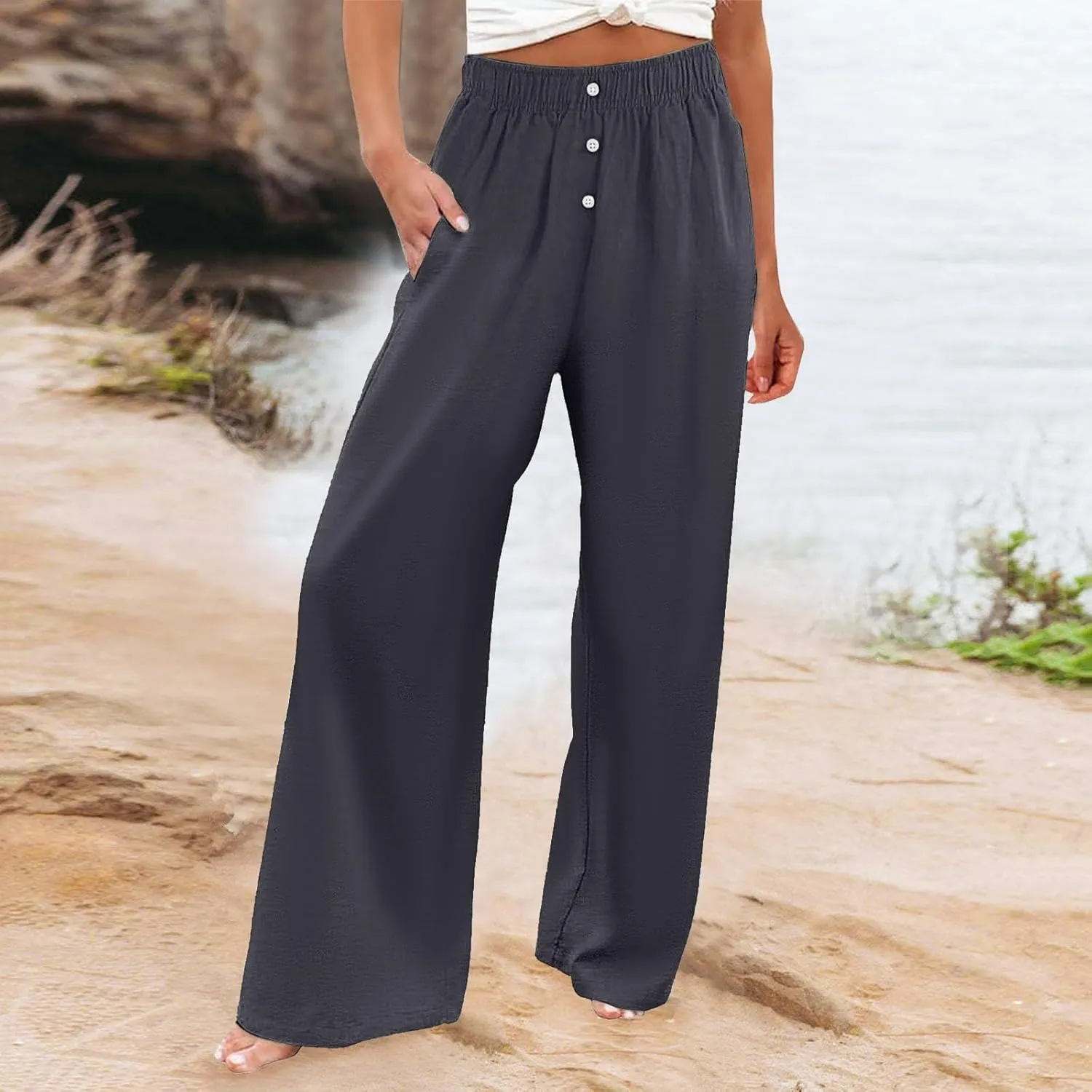 PTOLOCIF Womens Casual Linen Pants Straight Leg Dress Pants High Waist Cotton Linen Pant Flowy Wide Leg Summer Boho Trousers
