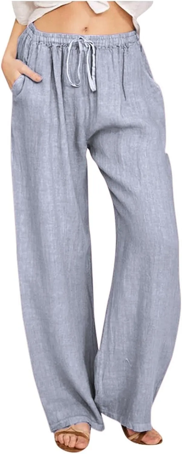 PTOLOCIF Womens Casual Linen Pants Summer Drawstring Elastic Waist Pants Wide Leg Cropped Lounge Trousers with Pockets