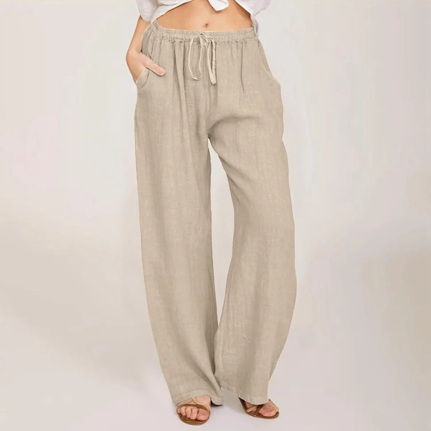 PTOLOCIF Womens Casual Linen Pants Summer Drawstring Elastic Waist Pants Wide Leg Cropped Lounge Trousers with Pockets