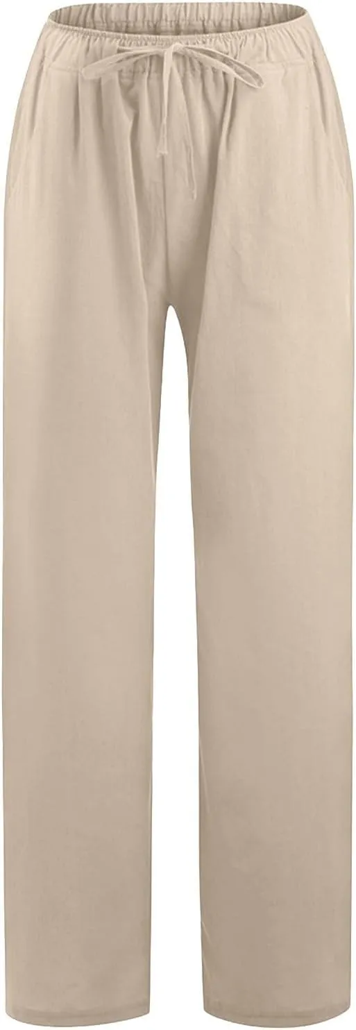 PTOLOCIF Womens Casual Linen Pants Summer Drawstring Elastic Waist Pants Wide Leg Cropped Lounge Trousers with Pockets