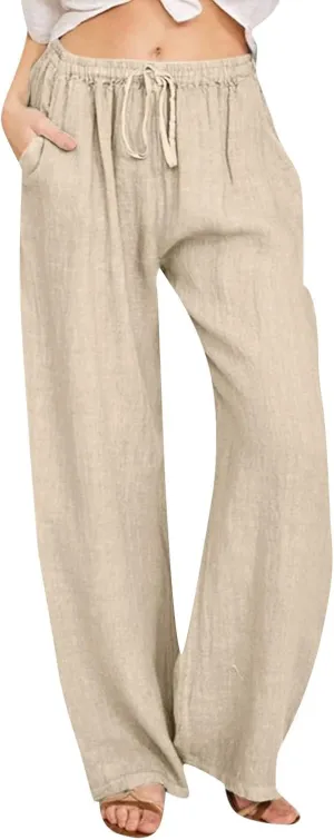 PTOLOCIF Womens Casual Linen Pants Summer Drawstring Elastic Waist Pants Wide Leg Cropped Lounge Trousers with Pockets