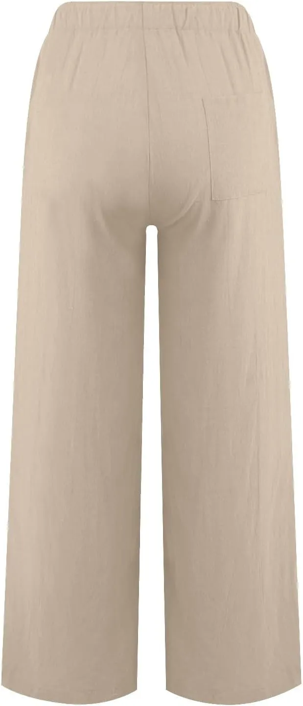 PTOLOCIF Womens Casual Linen Pants Summer Drawstring Elastic Waist Pants Wide Leg Cropped Lounge Trousers with Pockets