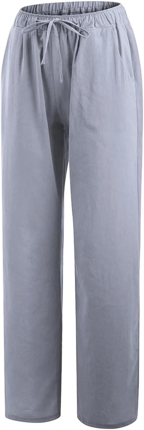 PTOLOCIF Womens Casual Linen Pants Summer Drawstring Elastic Waist Pants Wide Leg Cropped Lounge Trousers with Pockets