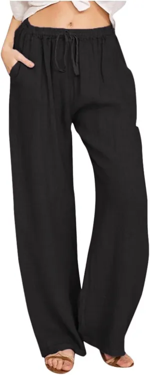PTOLOCIF Womens Casual Linen Pants Summer Drawstring Elastic Waist Pants Wide Leg Cropped Lounge Trousers with Pockets