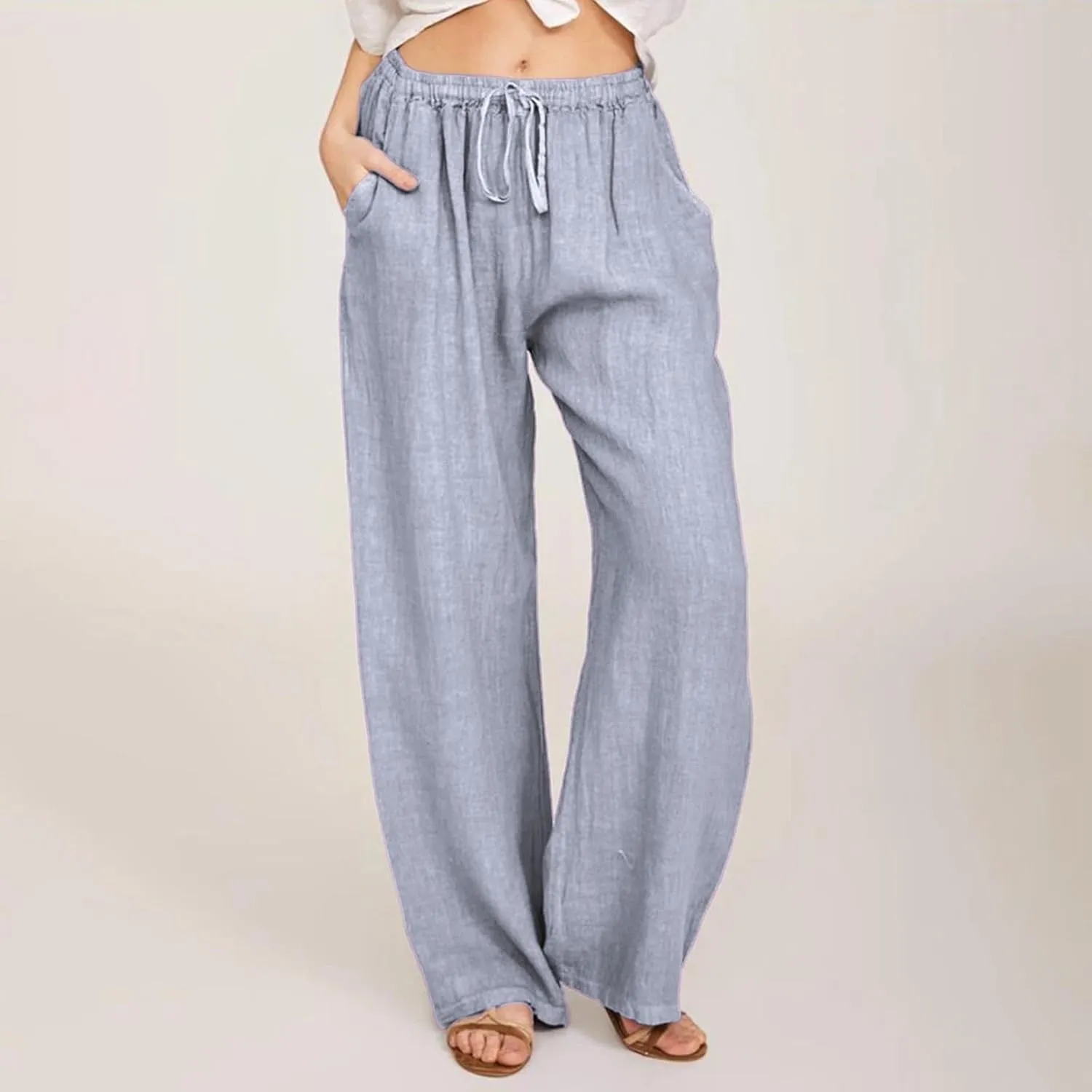 PTOLOCIF Womens Casual Linen Pants Summer Drawstring Elastic Waist Pants Wide Leg Cropped Lounge Trousers with Pockets