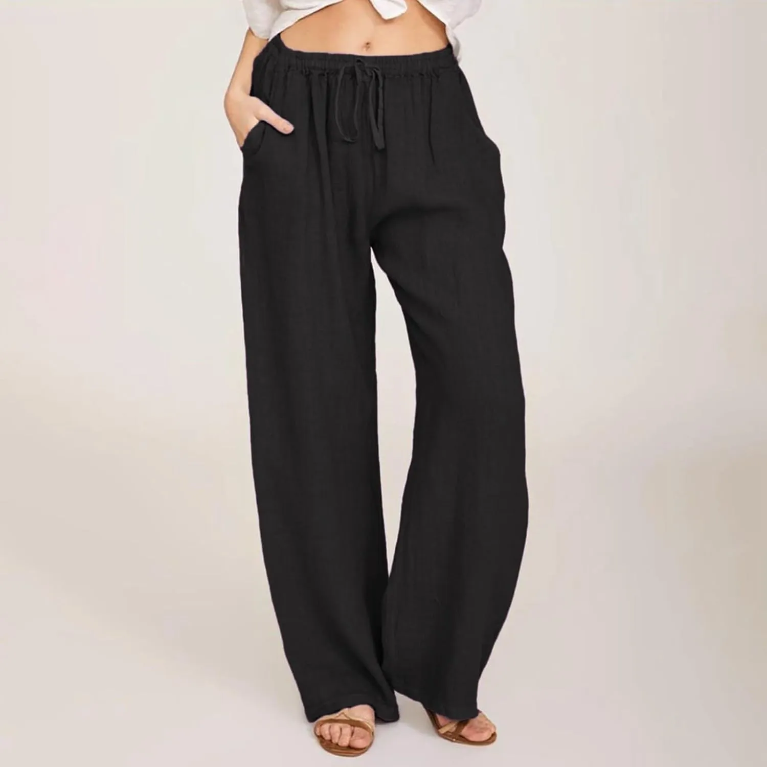 PTOLOCIF Womens Casual Linen Pants Summer Drawstring Elastic Waist Pants Wide Leg Cropped Lounge Trousers with Pockets