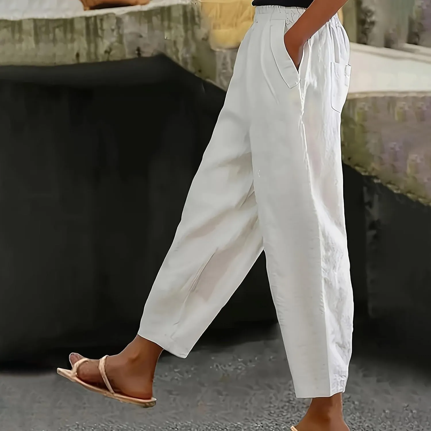 PTOLOCIF Womens Casual Linen Pants Summer Flowy High Waisted Beach Pants Flowy Wide Leg Palazzo Trousers with Pcokets