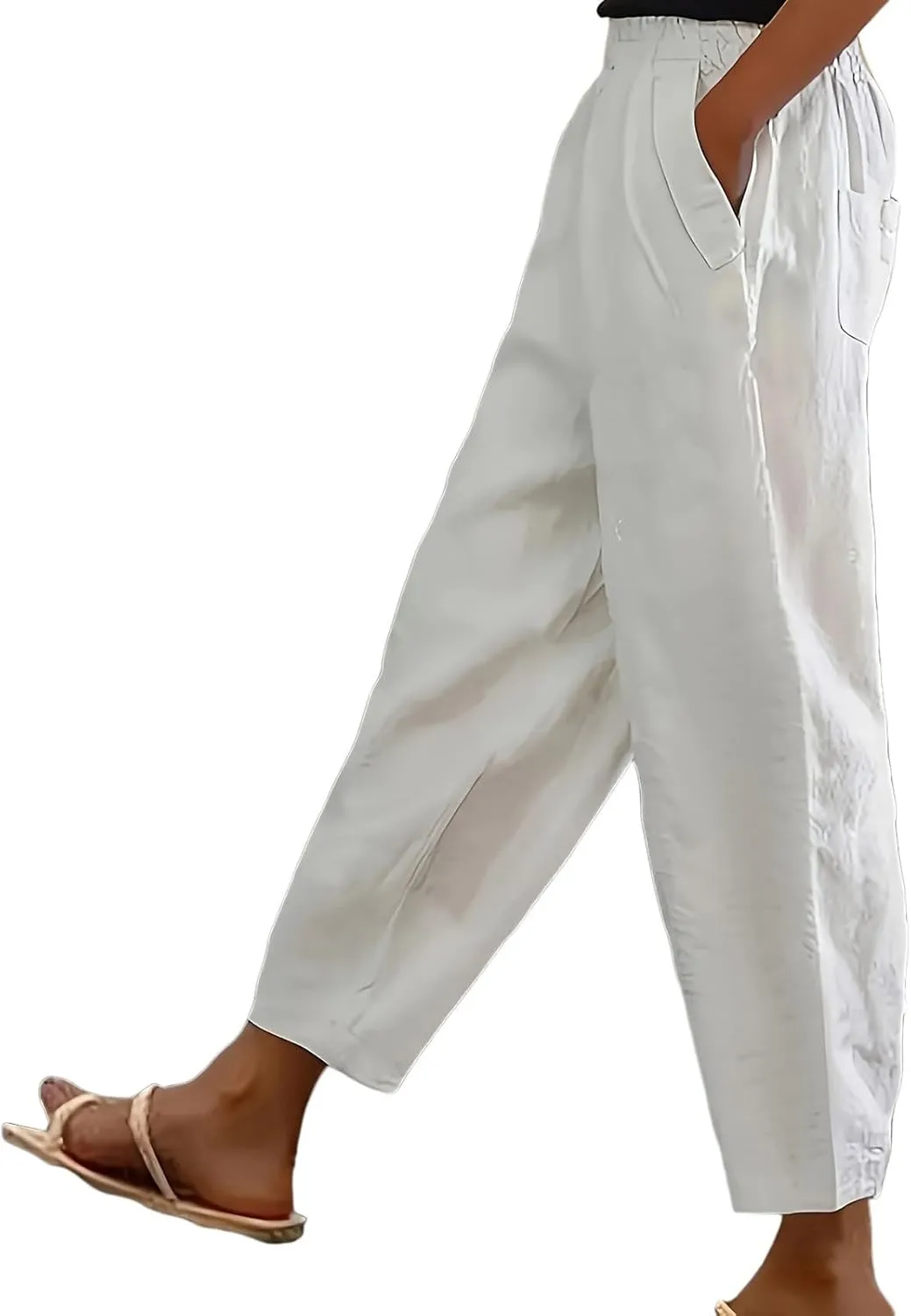 PTOLOCIF Womens Casual Linen Pants Summer Flowy High Waisted Beach Pants Flowy Wide Leg Palazzo Trousers with Pcokets